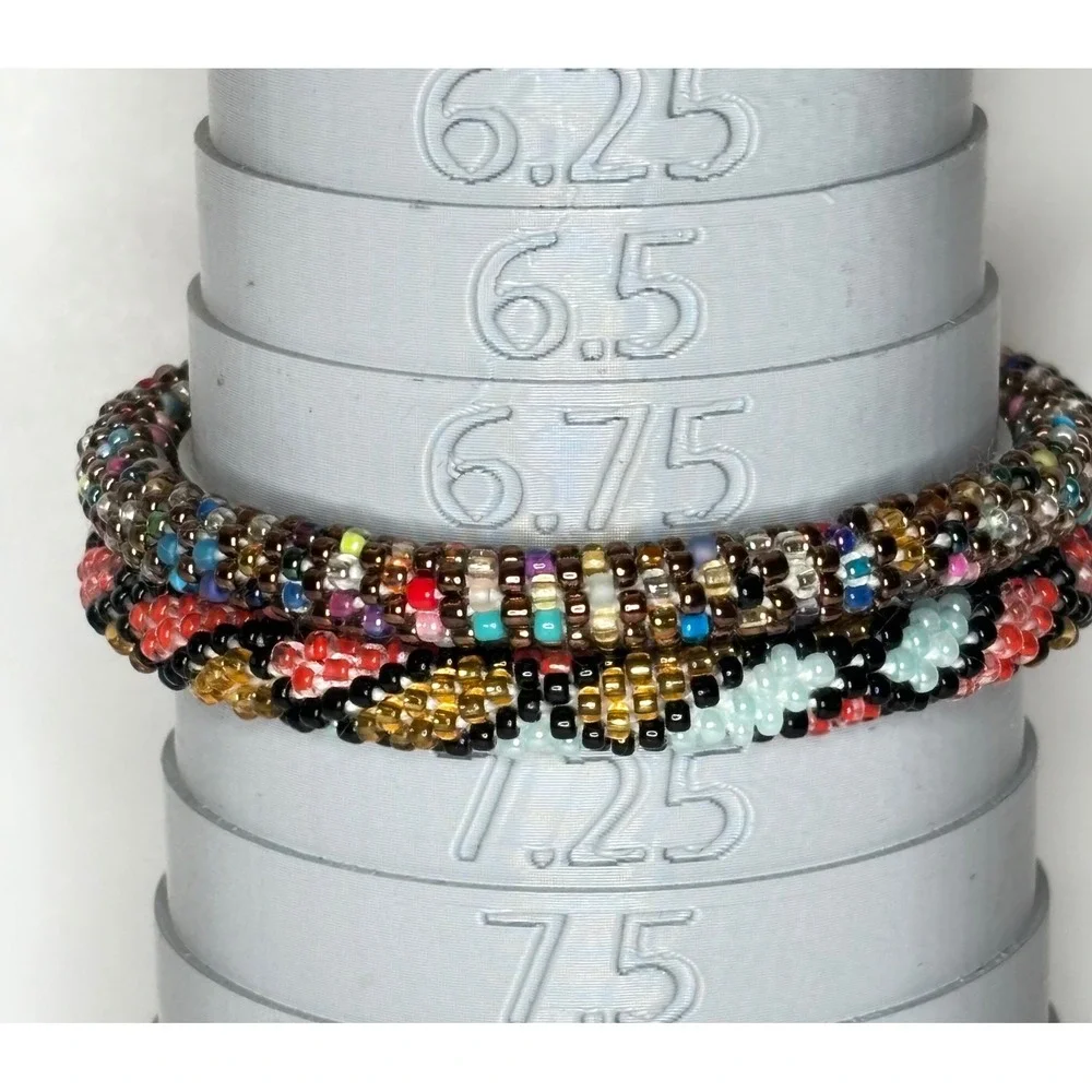 Set of 2 Handmade Glass Seed Bead Roll-On Crochet Bracelets Boho Geometric 7in